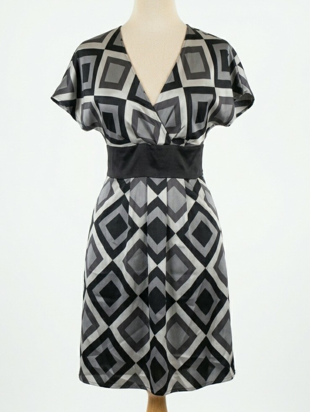 Vintage Y2K Express Silk Blend Geometric Dress Black Silver Gray Small
